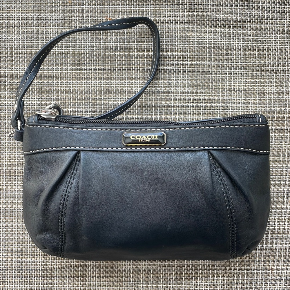 Coach Black Leather Wristlet- Purple Inside- Single Pouch